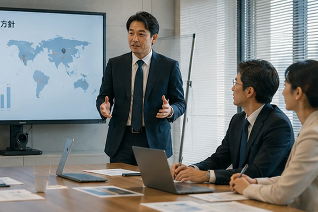海外拠点の責任者がチームへ方針を共有する場面をイメージしたシーン